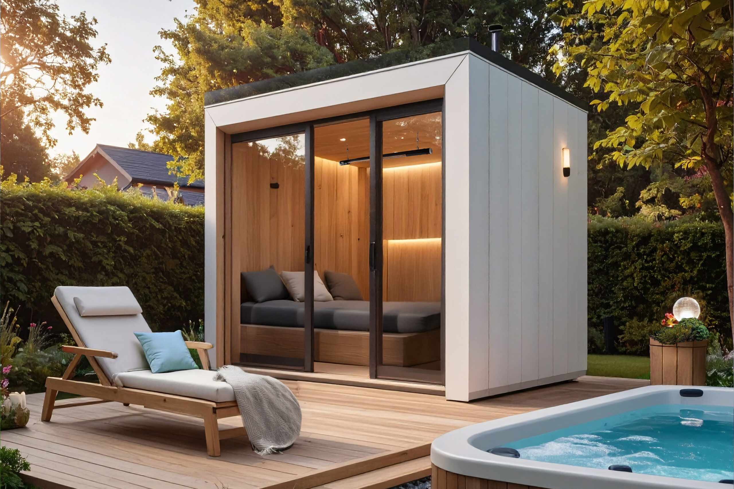 Modernes Gartenhaus mit integrierter Infrarot-Heizung und großflächiger Glasfront auf einer Holzterrasse. Der stilvolle Outdoor-Rückzugsort mit Wellnessbereich und Whirlpool bietet ganzjährig komfortable Wärme und Entspannung im eigenen Garten.
