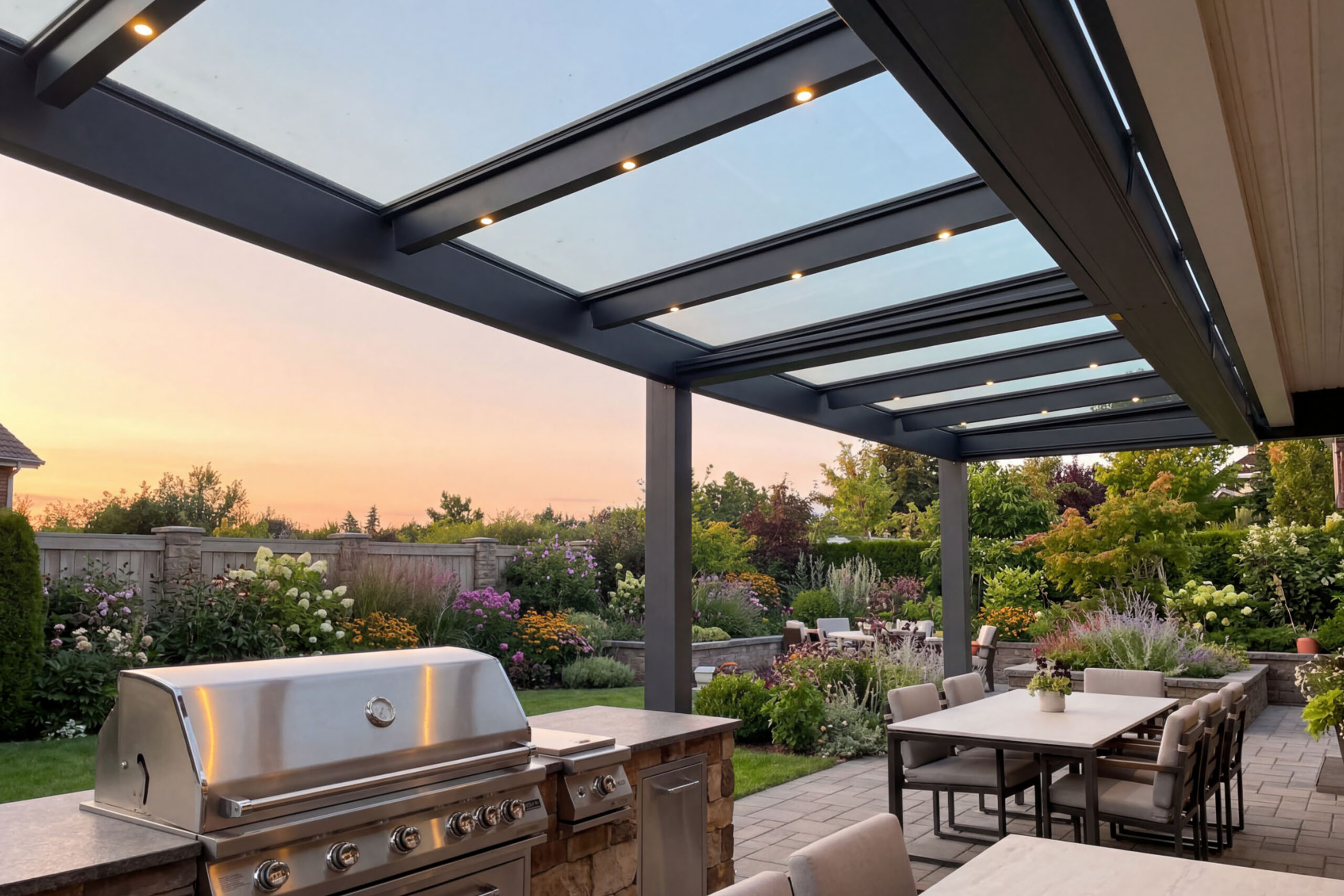 Moderne Aluminium-Terrassenüberdachung mit integrierter LED-Beleuchtung und Glasdach an einem Einfamilienhaus. Die überdachte Terrasse bietet einen stilvollen Outdoor-Wohnbereich mit Loungemöbeln und Außenküche für ganzjährigen Wetterschutz und höchsten Komfort im Garten.